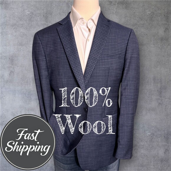 CALVIN KLEIN Mens Blazer 44R Sport Coat 2-Button Jacket Plaid Navy/Blue Wool - Picture 1 of 13